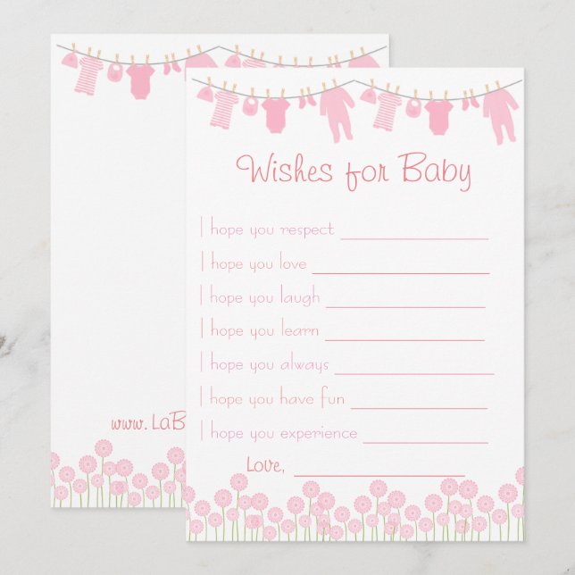 Invitación Los Deseos De Baby Shower Rosa Para El Juego De Be (Anverso / Reverso)