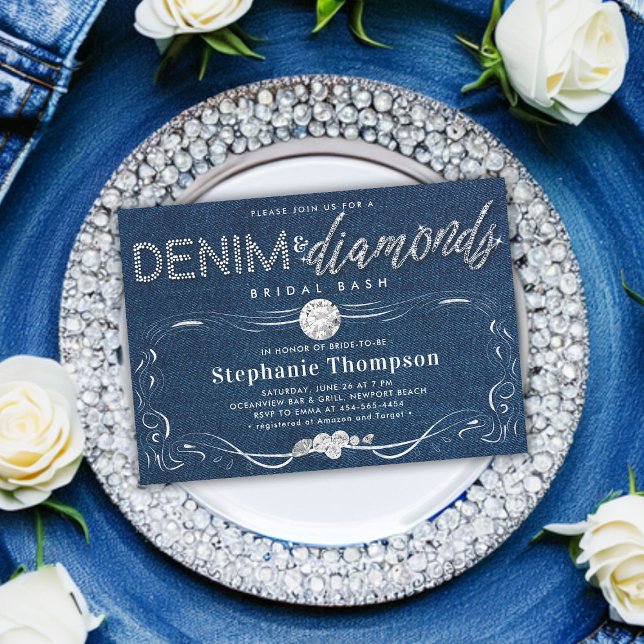 Invitación Los diamantes denim florecen en la elegante ducha  (denim and diamonds bridal party bash shower invitation classy simple whimsical flourish country chic)