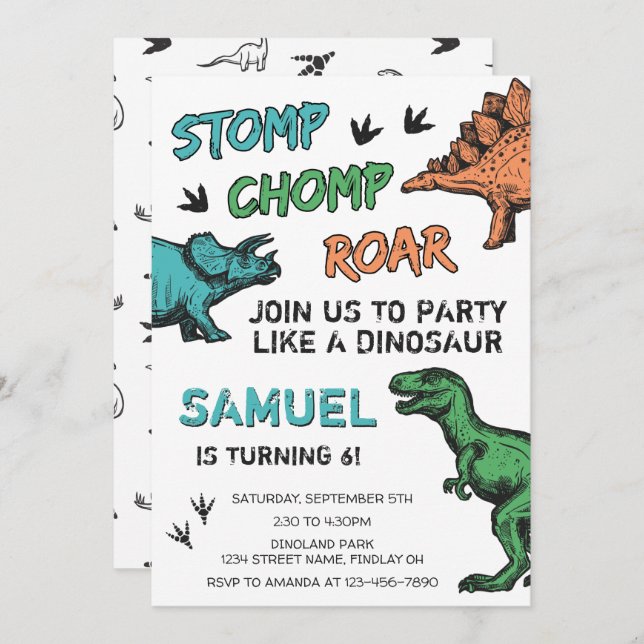 Invitación Los dinosaurios Stomp Chomp Roar Fiesta de Cumplea (Anverso / Reverso)