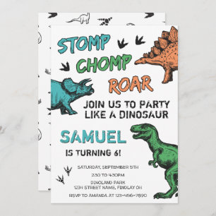 Invitación Los dinosaurios Stomp Chomp Roar Fiesta de Cumplea