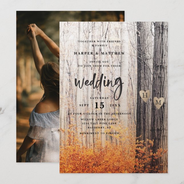 Invitación Los dos amantes de los árboles tallados caen Boda  (Anverso / Reverso)