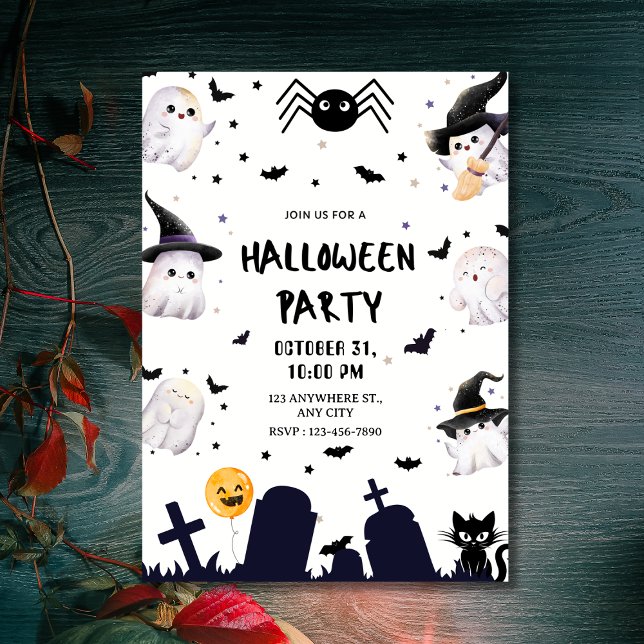 Invitación Los fantasmas de Kawaii y la fiesta de Halloween e (Cute Kawaii Ghosts & Graveyard Halloween Party Invitation
)
