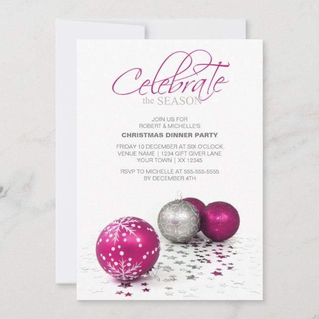 Invitación Los festivos baubles morados celebran la temporada (Anverso)