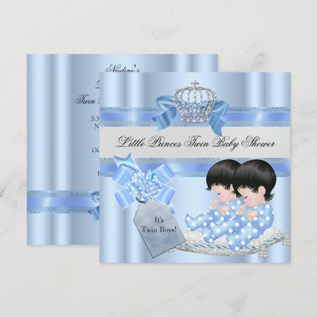 Invitación Los gemelos Baby Shower Boys Blue Little Prince Cr (Anverso / Reverso)