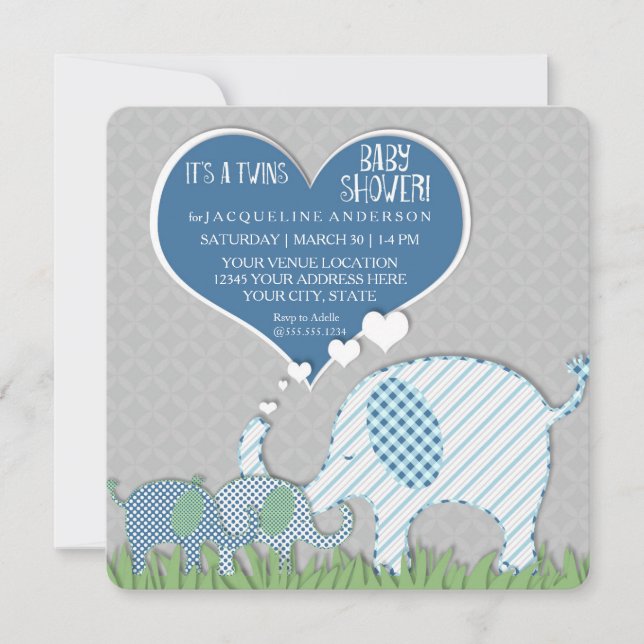 Invitación Los gemelos Baby Shower Heart Elephants Gray Blue  (Anverso)