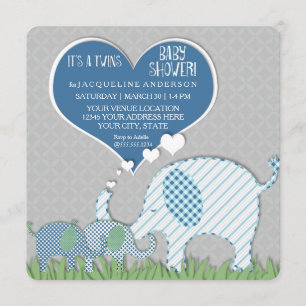 Invitación Los gemelos Baby Shower Heart Elephants Gray Blue