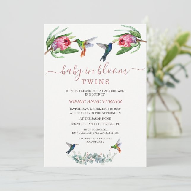 Invitación Los gemelos Hummingbirds Protea Baby en Bloom (Anverso de pie)