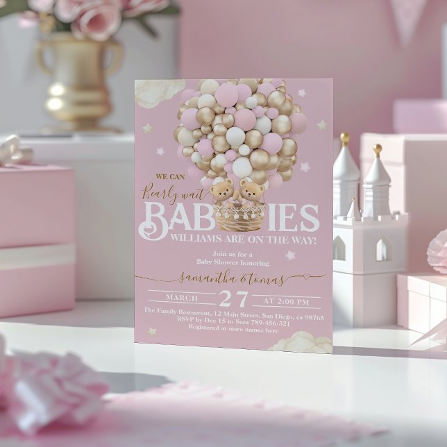 Invitación Los gemelos llevan globos que abren a la bebé niña (Subido por el creador)