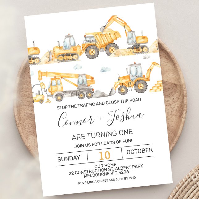 Invitación Los Gemelos Paran El Tráfico En Construcción Cumpl (Modern Twin Boys Construction 1st Birthday Invitation Roadwork Stop The Traffic Excavators Truck)
