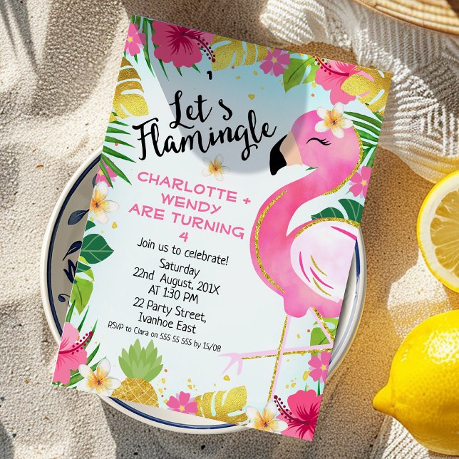 Invitación Los gemelos rosados vamos a flamingle Flamingo cum (Flamingo Birthday Invitation Template, Flamingo Twin Birthday Invitation, Let's Flamingle Birthday
)