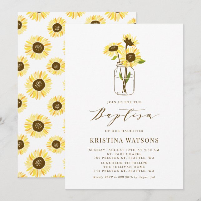 Invitación Los girasoles amarillos en el bautismo de verano d (Anverso / Reverso)