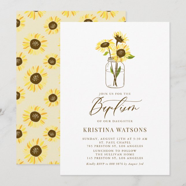 Invitación Los girasoles amarillos en el bautismo de verano d (Anverso / Reverso)