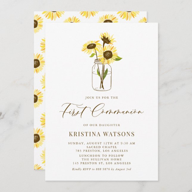 Invitación Los girasoles amarillos Mason Jar Primera Comunión (Anverso / Reverso)