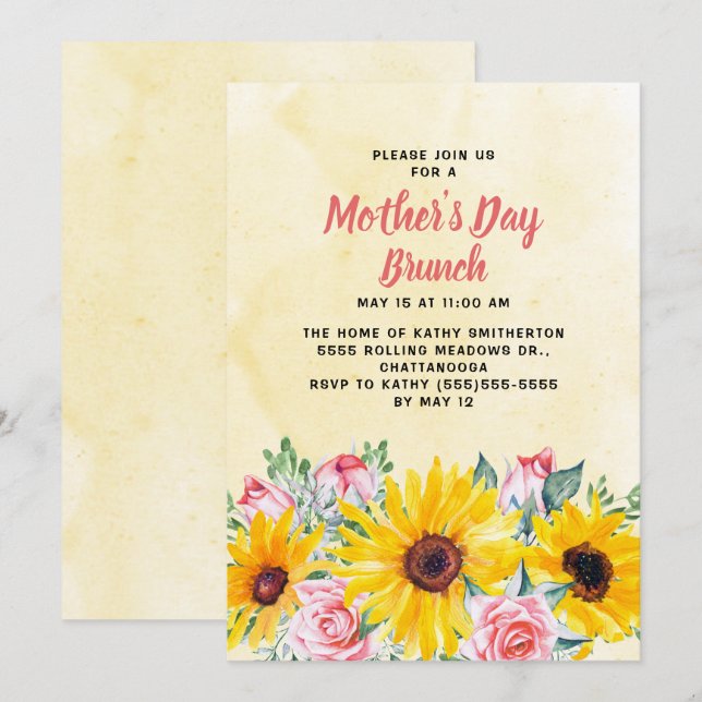 Invitación Los girasoles amarillos rosa rozan el brunch del d (Anverso / Reverso)