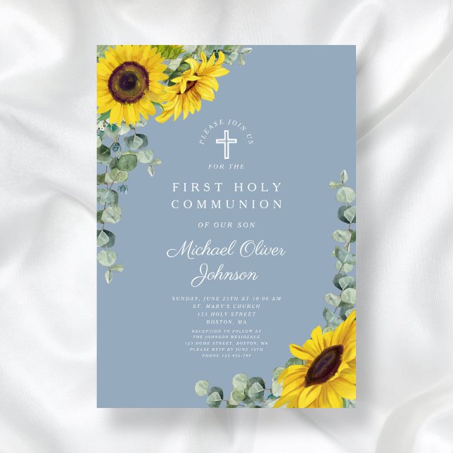 Invitación Los girasoles azules modernos son la primera comun (Modern Blue Sunflowers First Holy Communion Invitation)
