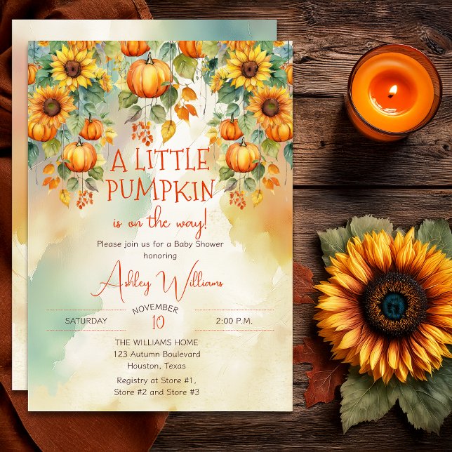 Invitación Los girasoles caen en un pequeño Baby Shower de ca ("A Little Pumpkin Is On The Way!" Fall | Autumn Sunflowers and Pumpkins Baby Shower Invitation )