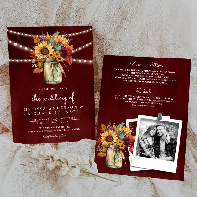 Invitación Los girasoles de Borgoña Mason Jar todo en un Boda (Subido por el creador)