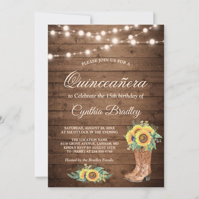 Invitación Los girasoles rústicos boots Quinceañera 15 años (Anverso)
