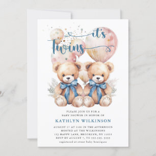 Invitación Los Globos Azules De TWINS Teddy Bears Baby Shower