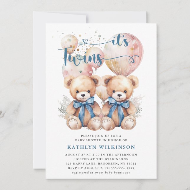 Invitación Los Globos Azules De TWINS Teddy Bears Baby Shower (Anverso)