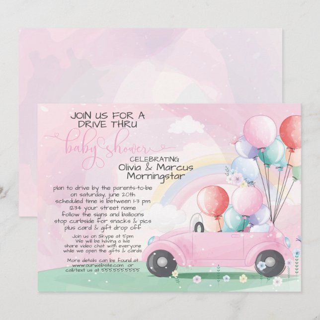 Invitación Los globos de auto rosado circulan por Baby Shower (Anverso / Reverso)