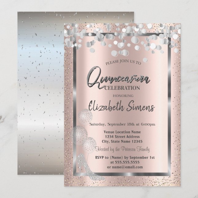 Invitación Los globos de Confetti Plateados Rosa Oro Quinceañ (Anverso / Reverso)