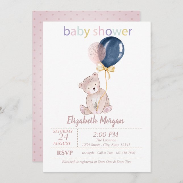 Invitación Los globos de Oso de Teddy con puntos de Baby Show (Anverso / Reverso)
