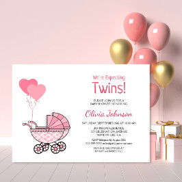 Invitación Los globos rosados Baby Shower y Stroller gemelos