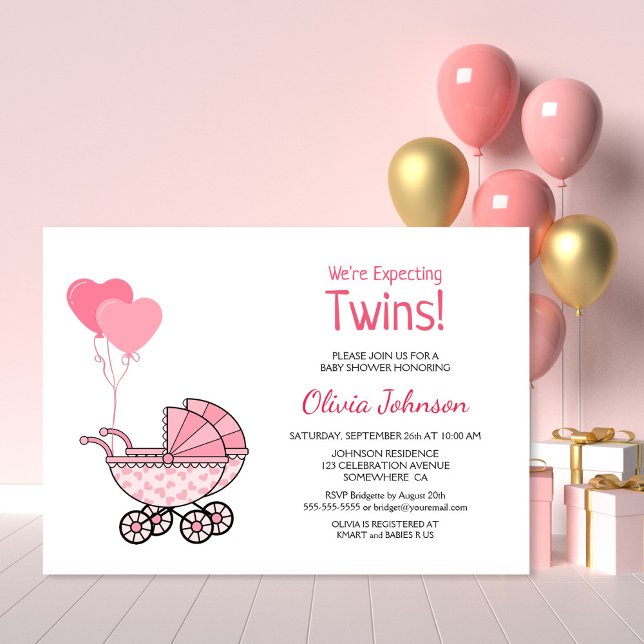 Invitación Los globos rosados Baby Shower y Stroller gemelos (Subido por el creador)