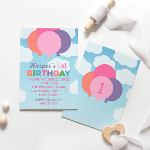 Invitación Los globos rosados modernos y coloridos Primera fi