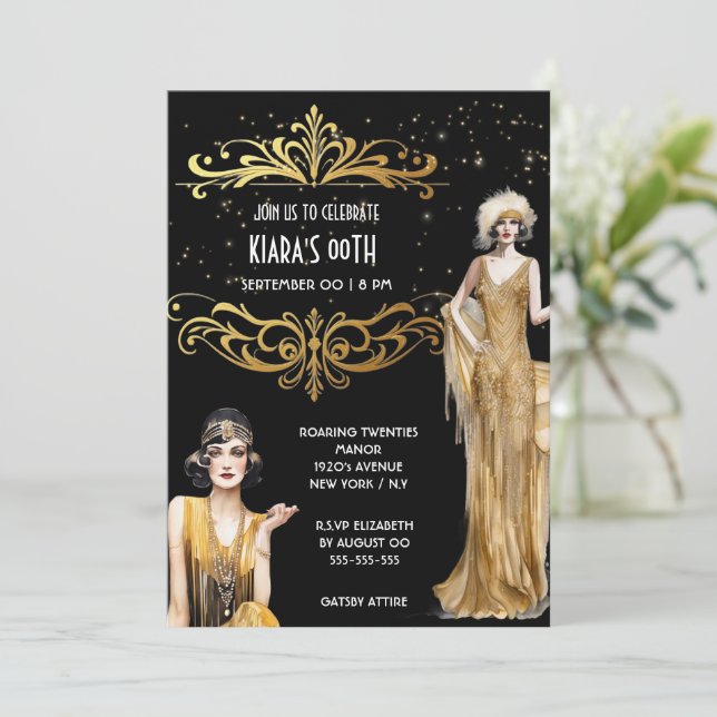 Invitación Los grandes flappers de oro negro de Gatsby art de (Anverso de pie)