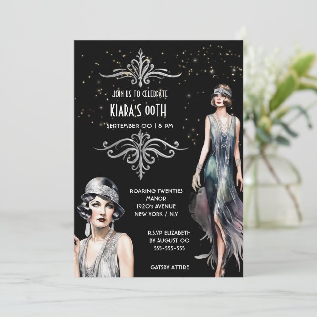 Invitación Los grandes flappers de plata negra de Gatsby Art  (Anverso de pie)