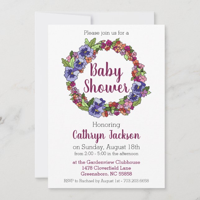 Invitación Los impactantes pansy usan Baby Shower morado y ro (Anverso)