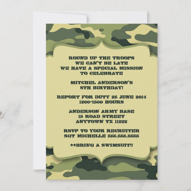 Invitación Los militares del ejército camuflan a la fiesta de (Anverso)