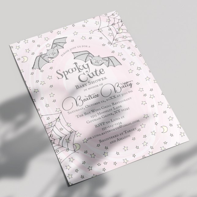 Invitación Los murciélagos rosados detestan el Baby Shower li (Cute Spooky Cute Baby Bats Pink Baby Shower Invitation for Baby Girl. Pink Swirls, Bats, Webs, Stars)
