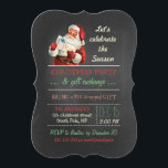 Invitación Los Navidades dan el Vintage Santa Chalkboard<br><div class="desc">navidades fiesta de intercambio de regalos, Santa Claus de época con regalo/regalo, estilo de pizarra, traje rojo santa/barba gorra/blanca, celebrar la temporada, plantilla de fiesta de fiesta, colores retro rojo/verde/beige, diseño festivo/divertido/simple, ilustracion antiguo/imagen/collage digital, inspirado/estilo/aspecto/aspecto, plantilla de texto personalizable completo, patrón diagonal verde/blanco. Diseño fiesta de intercambio de regalos divertido...</div>