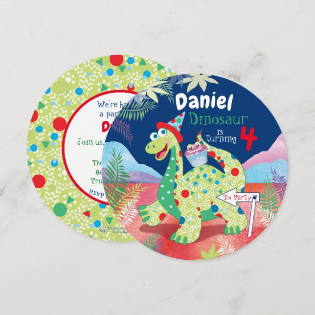 Invitación Los niños cutan dinosaurio, cuarto Fiesta de cumpl (Anverso / Reverso)