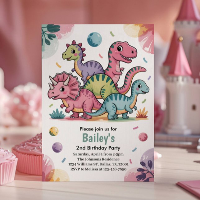 Invitación Los niños cutan dinosaurio rosado segundo Fiesta d (Subido por el creador)