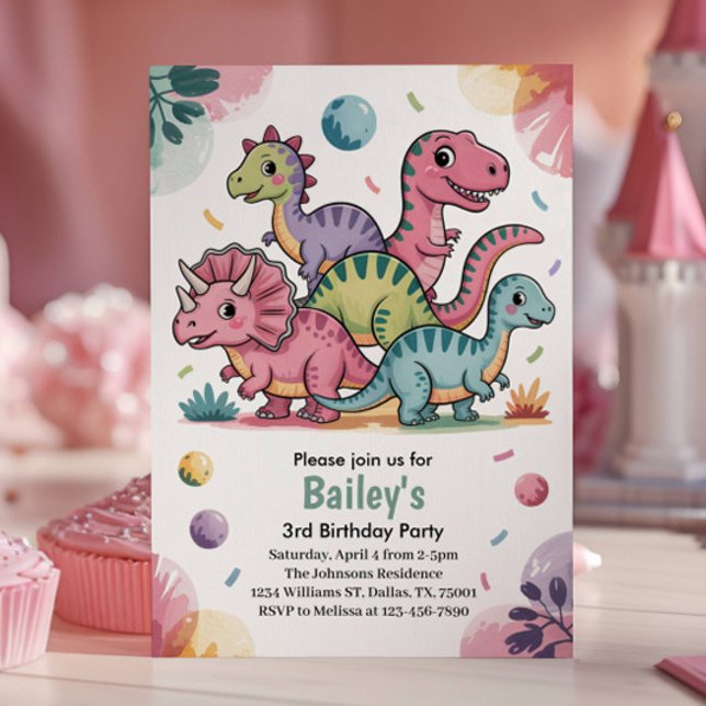 Invitación Los niños cutan dinosaurio rosado tercer Fiesta de (Subido por el creador)