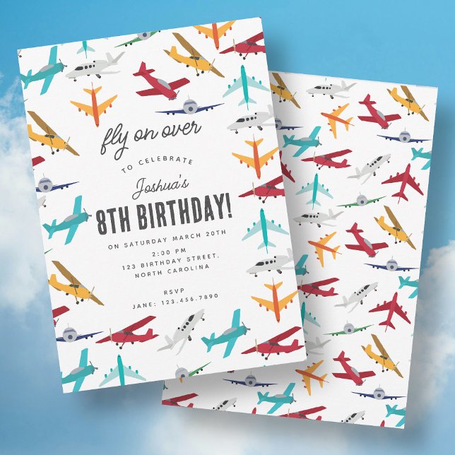 Invitación Los niños de avión en cuestión Fiesta de cumpleaño (Cute Airplane Kids Birthday Party Fly on Over Invitation)
