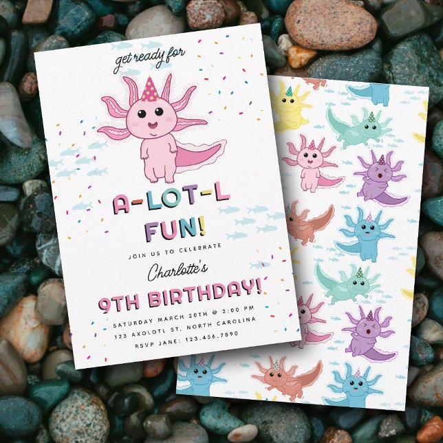 Invitación Los niños de Axolotl rosados celebran fiesta de cu (Pink Axolotl Kids Cute Salamander Birthday Party Invitation)