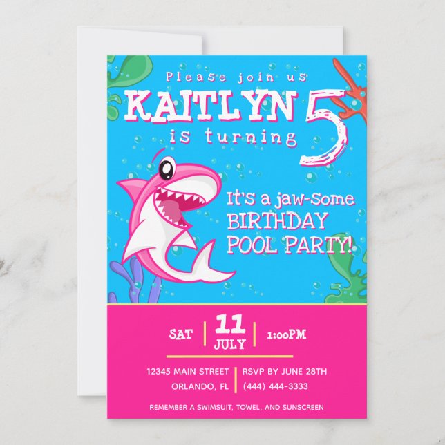 Invitación Los niños del Océano Tiburón Chicas de cualquier e (Anverso)