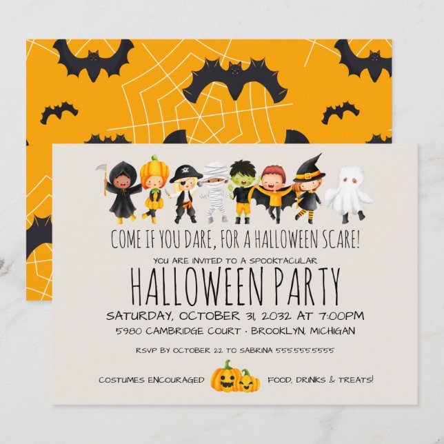 Invitación Los niños disfrazan celebración de Halloween amist (Anverso / Reverso)