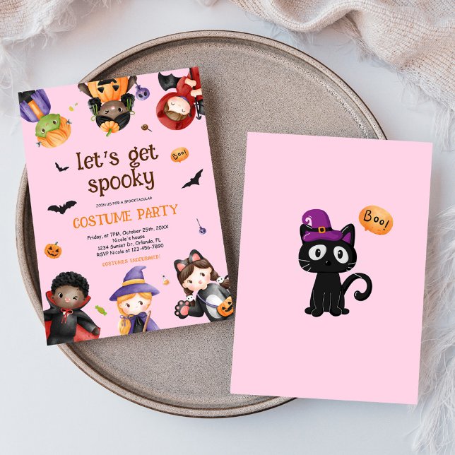 Invitación Los niños Fiestas de disfraces rosados de Hallowee (Pink Halloween Costume Party Kids Cute Funny Invitation)