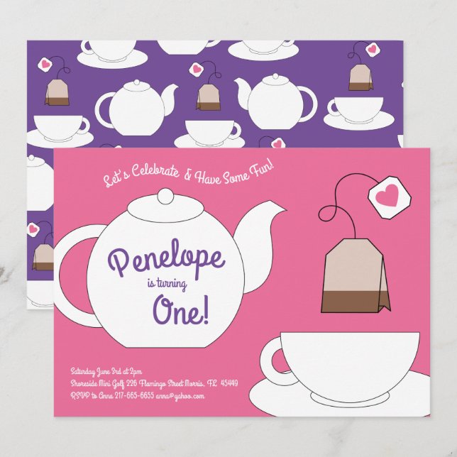 Invitación Los niños Fiestas del té son Chicas rosados y mora (Anverso / Reverso)