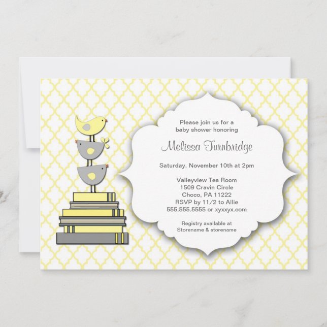Invitación Los pájaros reservan Baby Shower amarillo y gris i (Anverso)