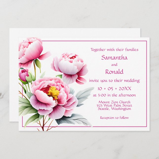 Invitación Los peones rosados bonitos en el Boda blanco (Anverso / Reverso)