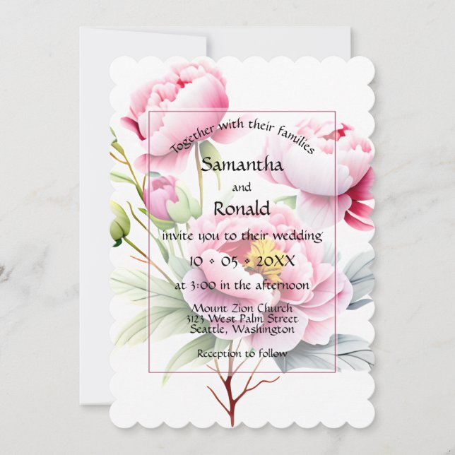 Invitación Los peones rosados bonitos en el Boda blanco (Anverso)