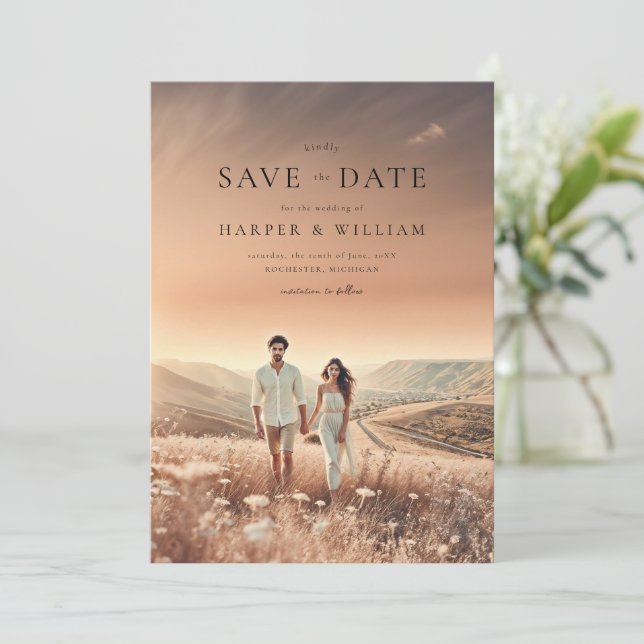 Invitación los pétalos de foto guardan la fecha (Anverso de pie)