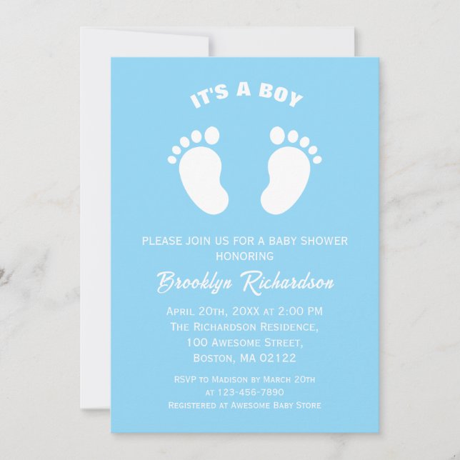 Invitación Los Pies Azules Y Blancos Son Un Chico Baby Shower (Anverso)
